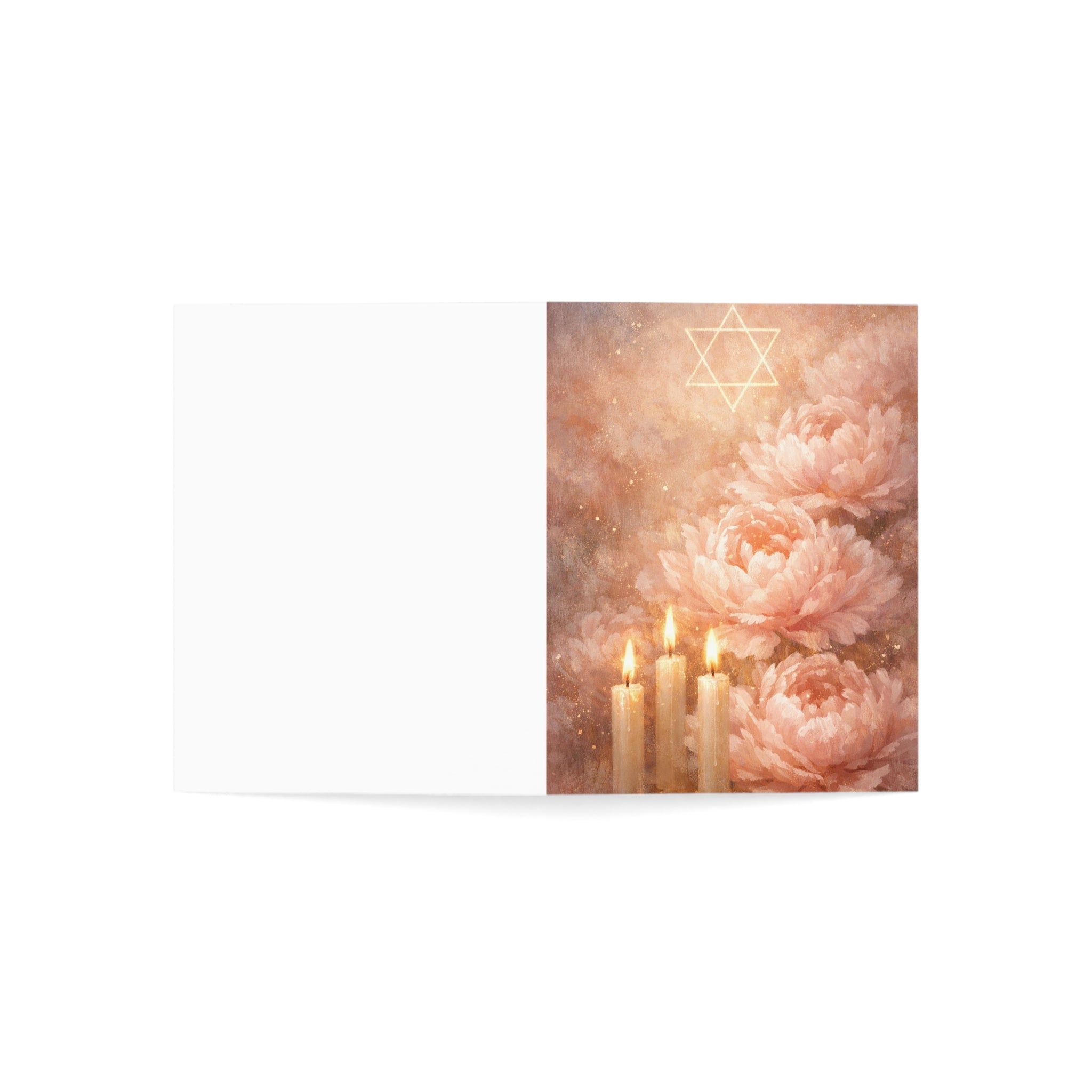 Blush Shabbat Candles & Peonies Greeting Card – Elegant Judaica Watercolor Note Cards (1, 10, 30, and 50pcs)