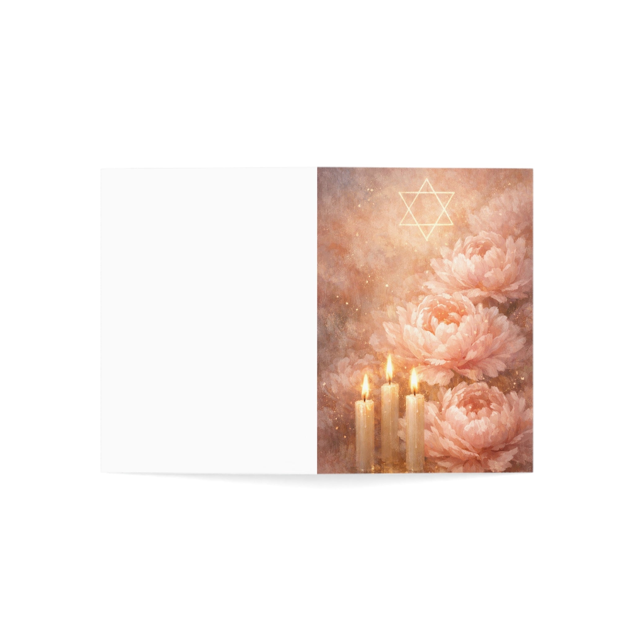 Blush Shabbat Candles & Peonies Greeting Card – Elegant Judaica Watercolor Note Cards (1, 10, 30, and 50pcs)