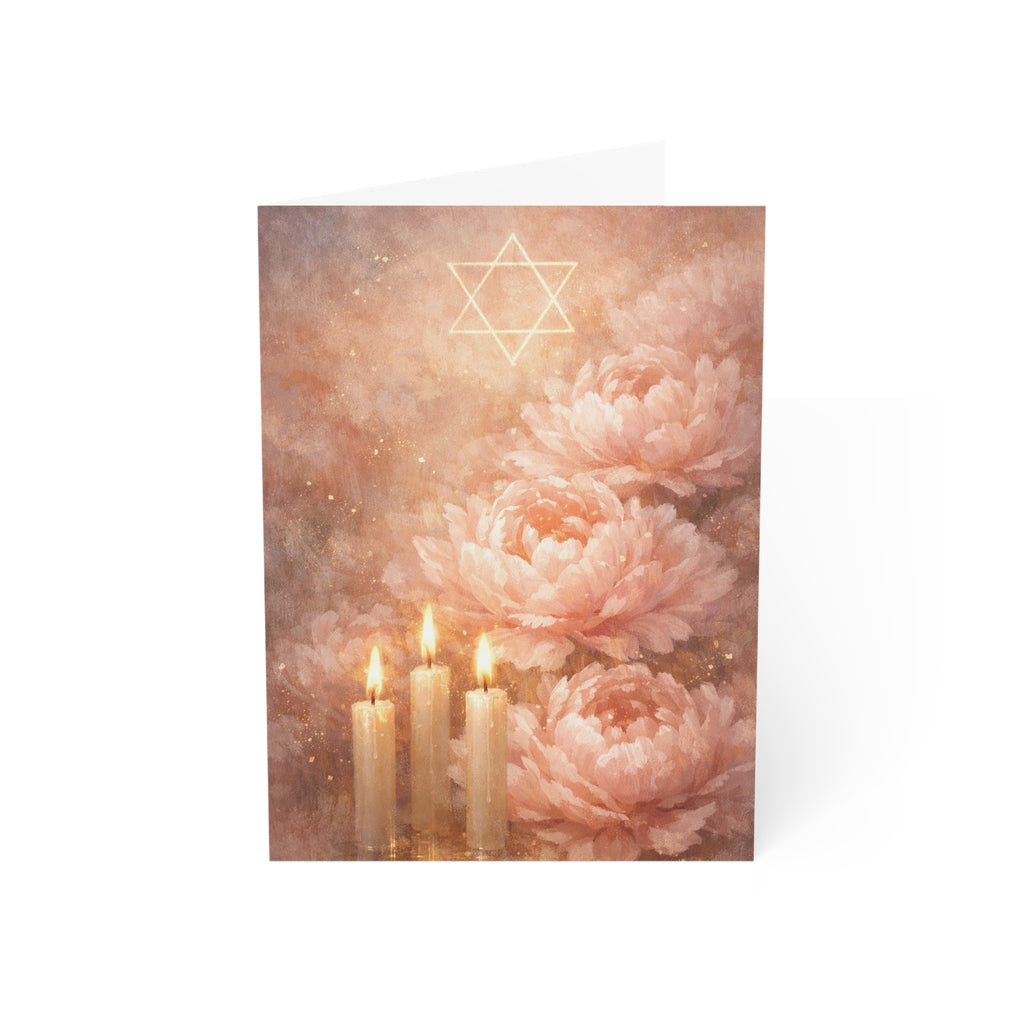 Blush Shabbat Candles & Peonies Greeting Card – Elegant Judaica Watercolor Note Cards (1, 10, 30, and 50pcs)