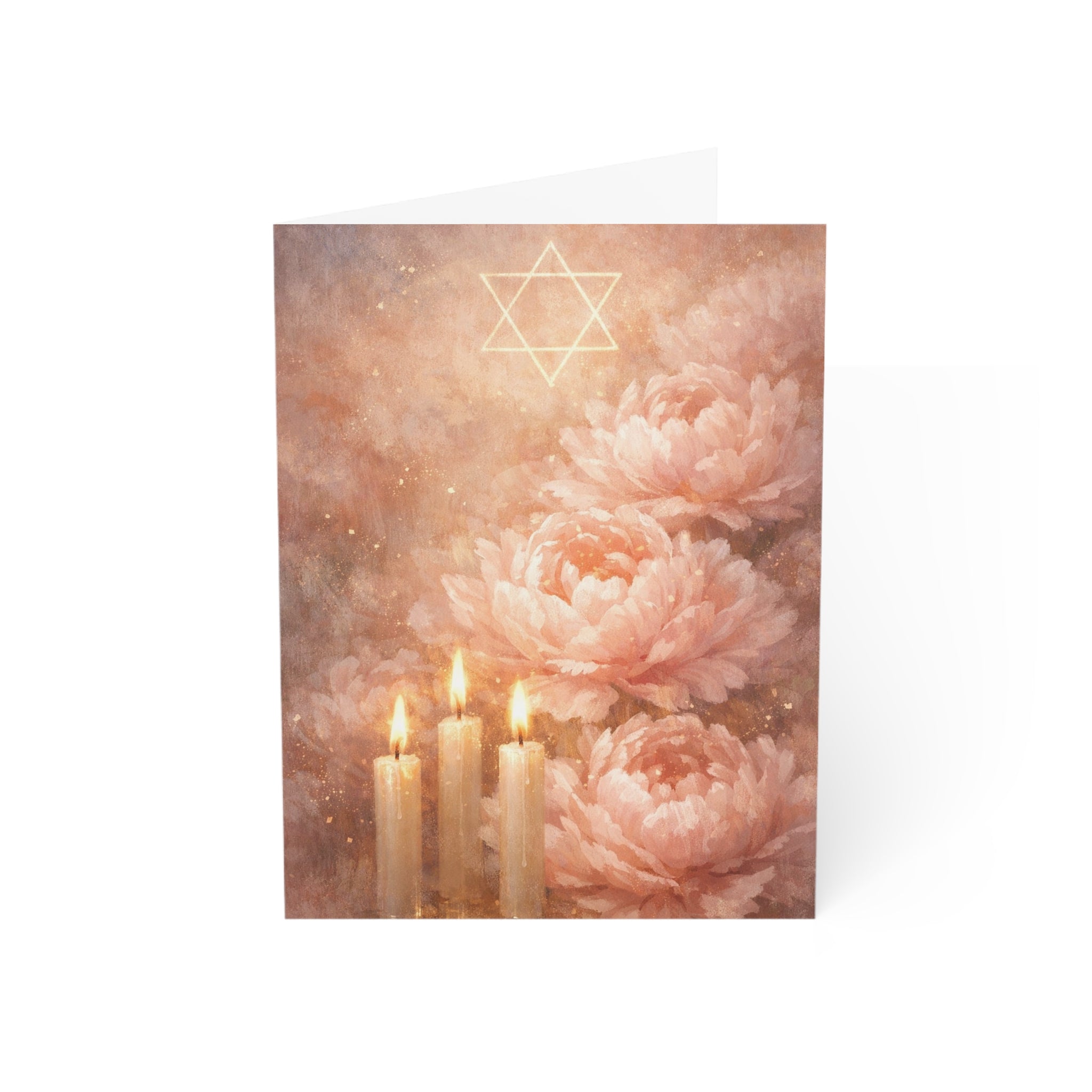 Blush Shabbat Candles & Peonies Greeting Card – Elegant Judaica Watercolor Note Cards (1, 10, 30, and 50pcs)