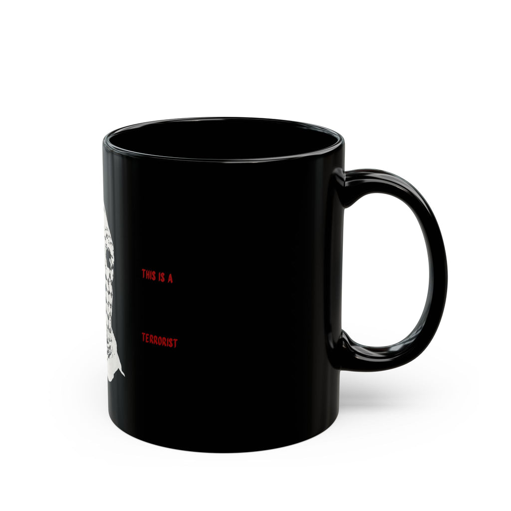 Black Ceramic Mug — Keffiyeh Skull Design with 'This Is A Terrorist' Accent