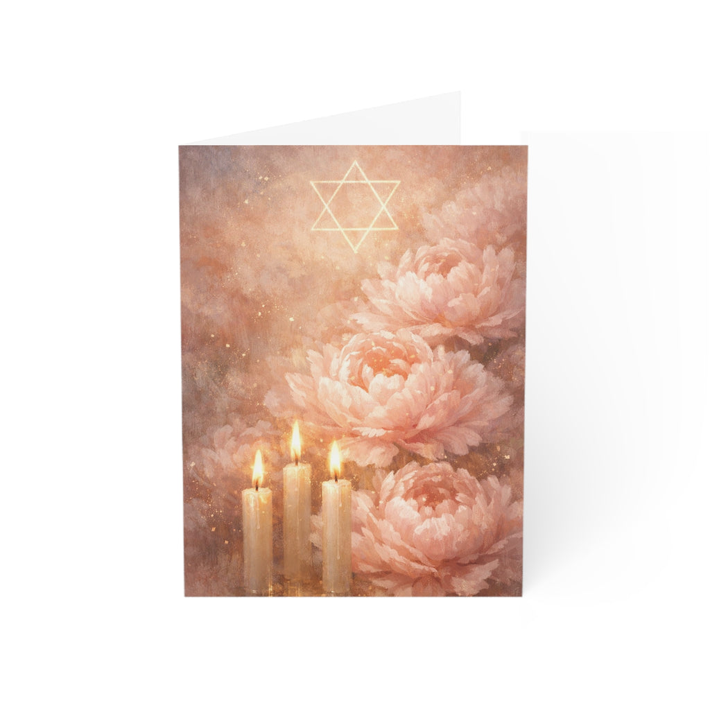 Blush Shabbat Candles & Peonies Greeting Card – Elegant Judaica Watercolor Note Cards (1, 10, 30, and 50pcs)