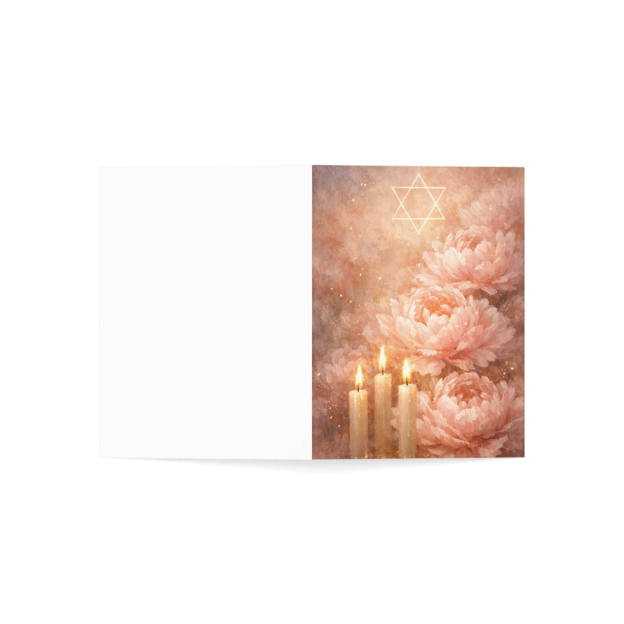 Blush Shabbat Candles & Peonies Greeting Card – Elegant Judaica Watercolor Note Cards (1, 10, 30, and 50pcs)
