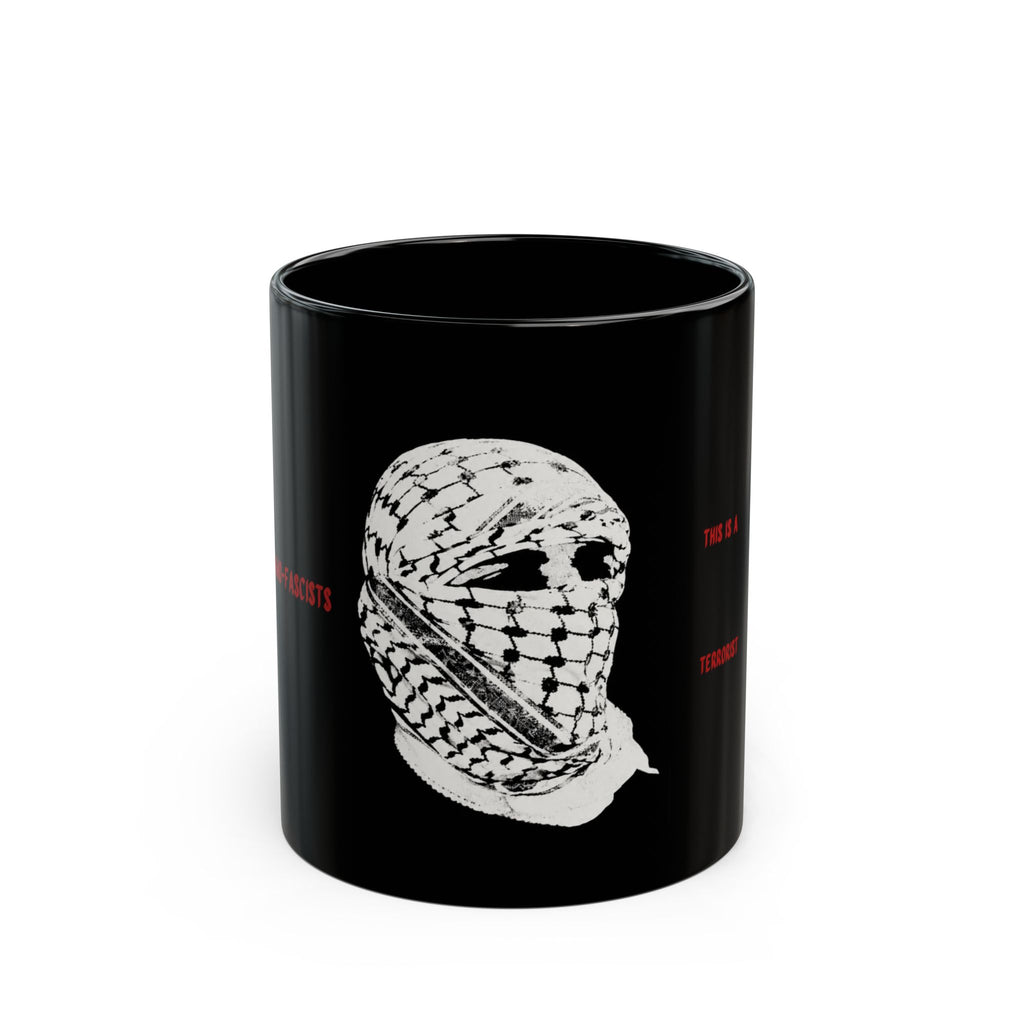 Black Ceramic Mug — Keffiyeh Skull Design with 'This Is A Terrorist' Accent