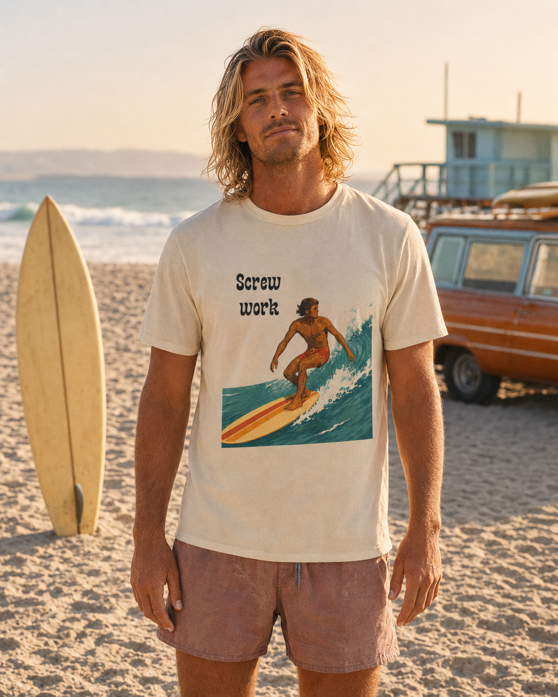 Screw Work, Have Fun Outside Retro Surf Unisex Cotton Crew Tee
