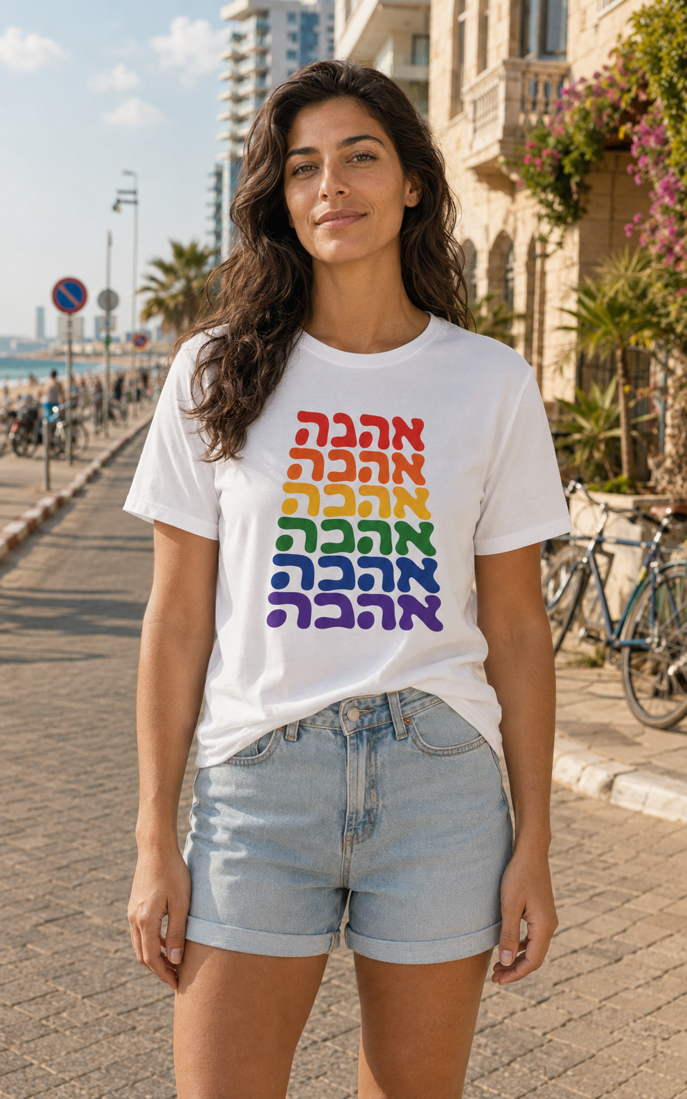 Ahava Rainbow Hebrew Love Unisex Cotton Crew Tee