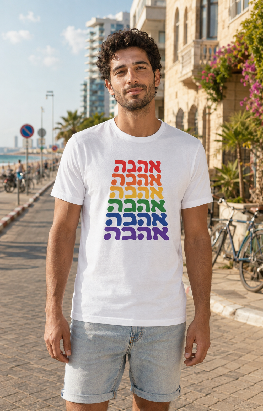 Ahava Rainbow Hebrew Love Unisex Cotton Crew Tee