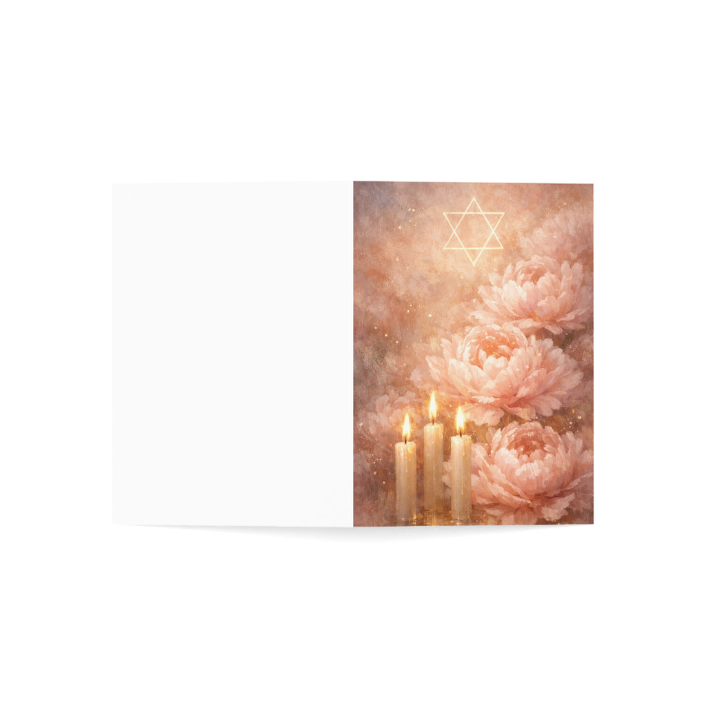 Blush Shabbat Candles & Peonies Greeting Card – Elegant Judaica Watercolor Note Cards (1, 10, 30, and 50pcs)