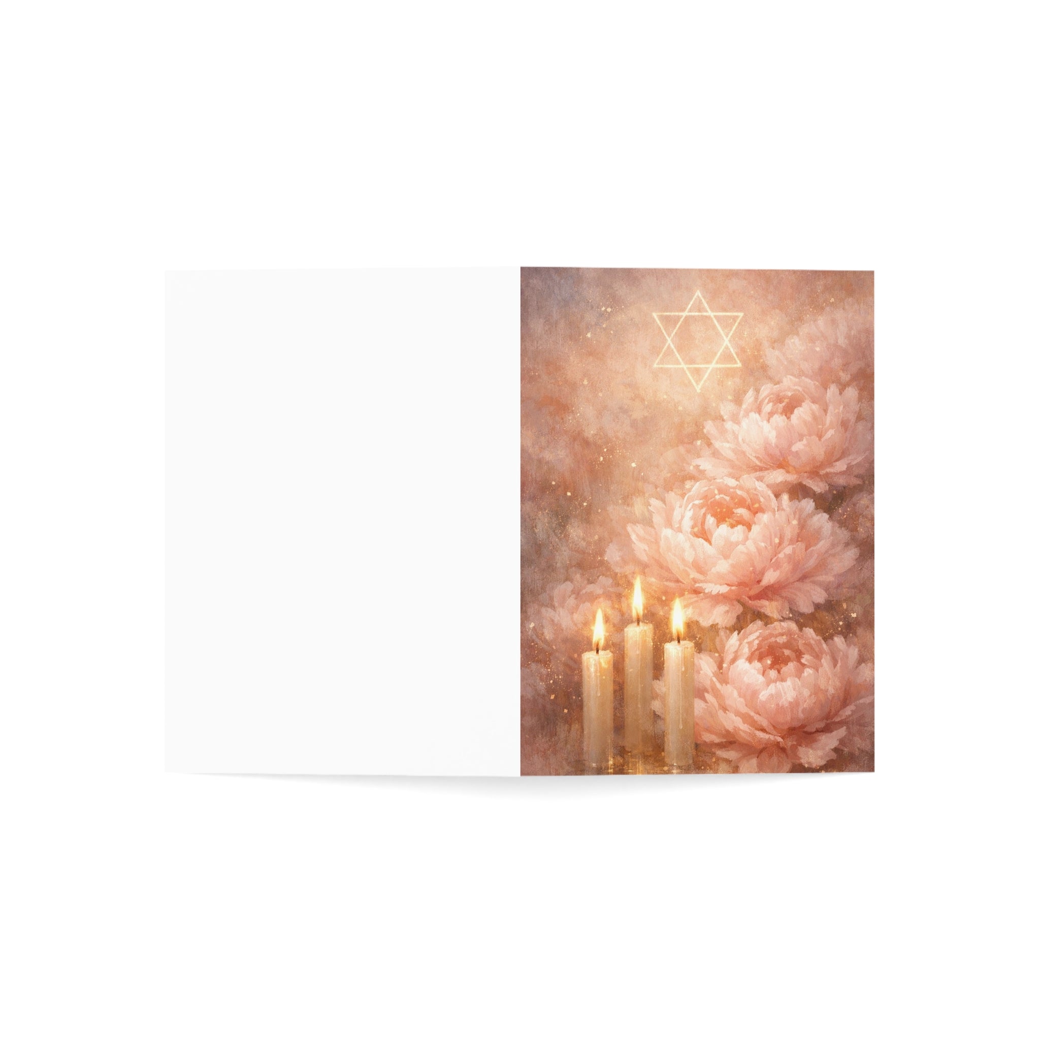 Blush Shabbat Candles & Peonies Greeting Card – Elegant Judaica Watercolor Note Cards (1, 10, 30, and 50pcs)