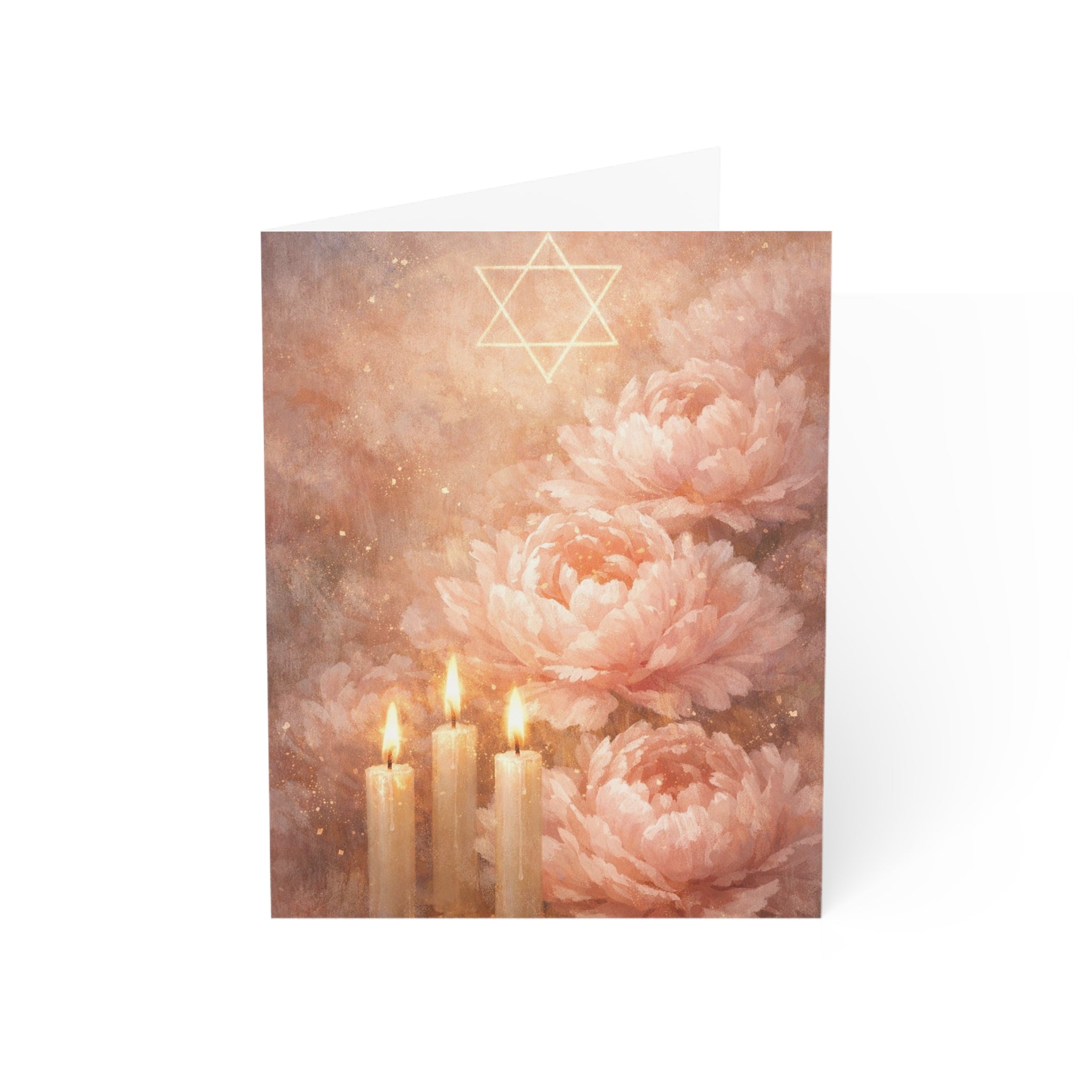 Blush Shabbat Candles & Peonies Greeting Card – Elegant Judaica Watercolor Note Cards (1, 10, 30, and 50pcs)