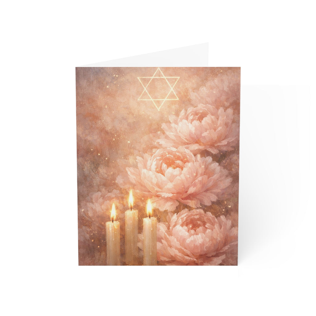 Blush Shabbat Candles & Peonies Greeting Card – Elegant Judaica Watercolor Note Cards (1, 10, 30, and 50pcs)